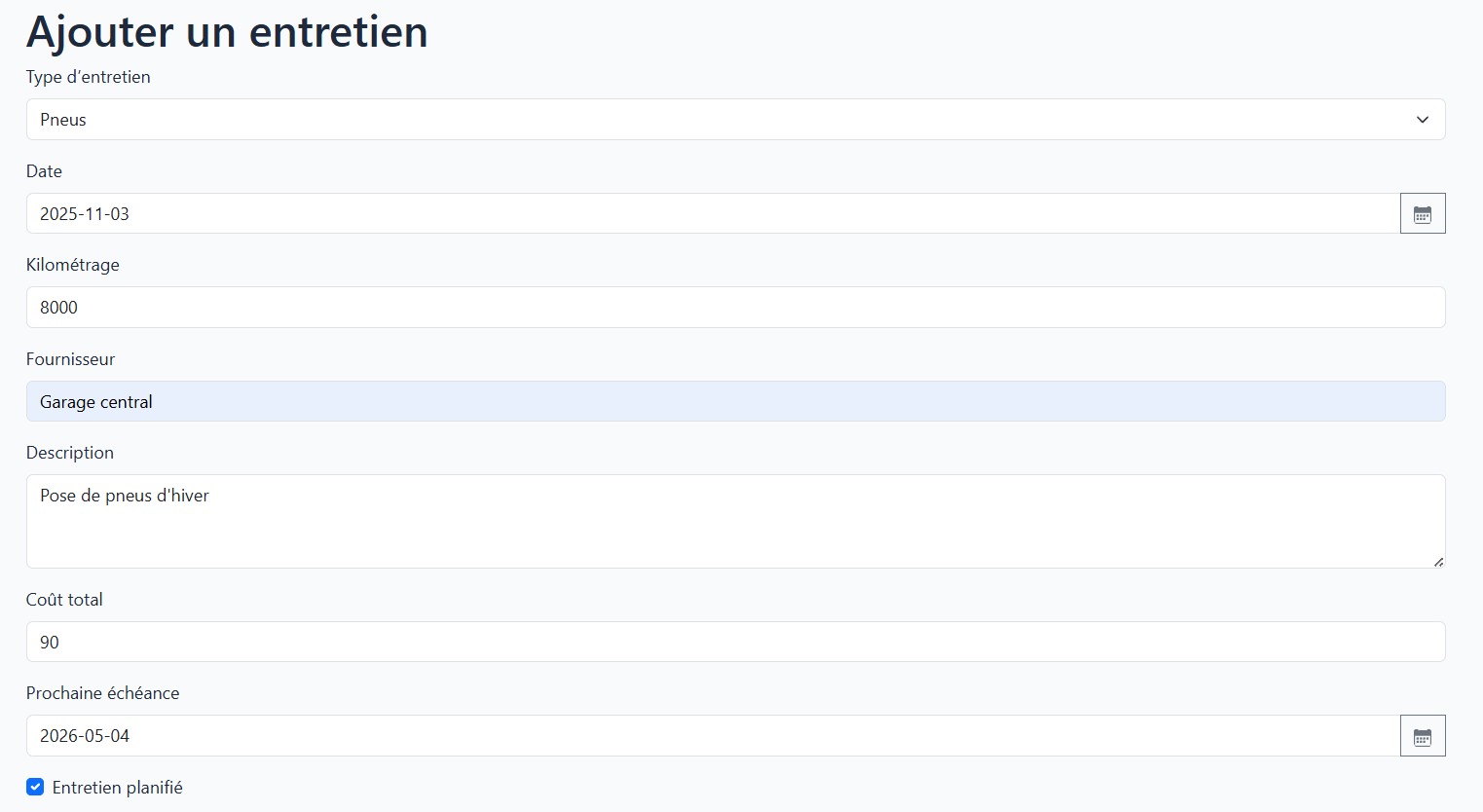 Interface de suivi des entretiens OptiGest